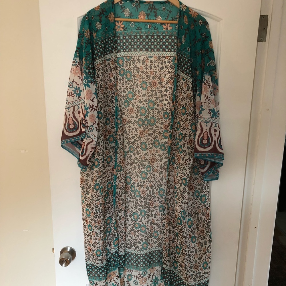 Sheer Floral Teal and Cream Beach Coverup Kimono
